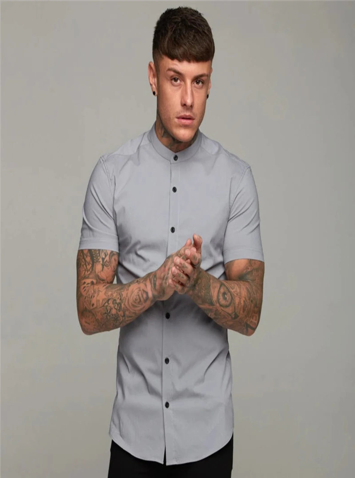 Regular Fit Lyocell Band-Collar Shirt