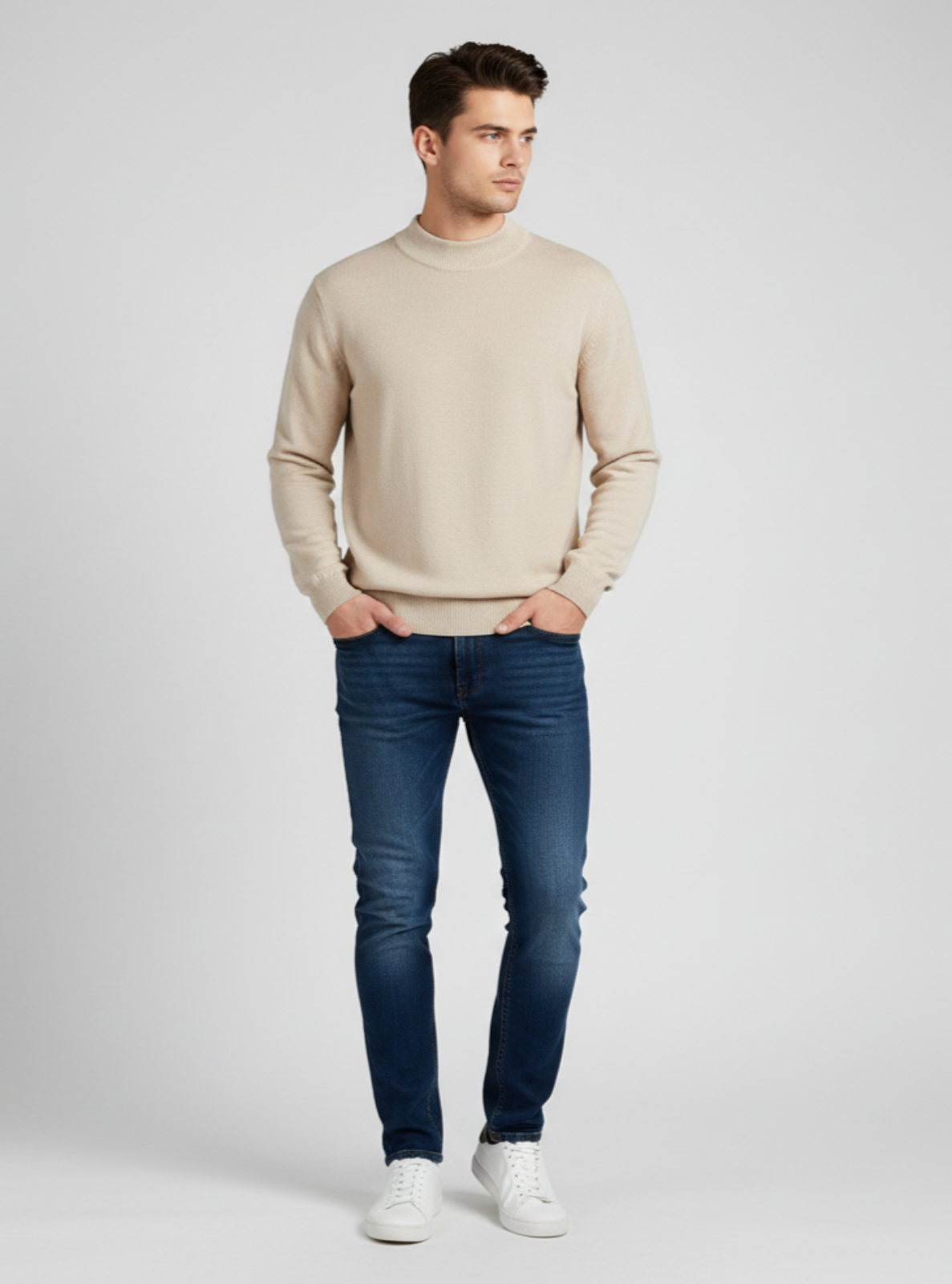 Man wearing a beige sweater, blue jeans, and white sneakers on a light gray background