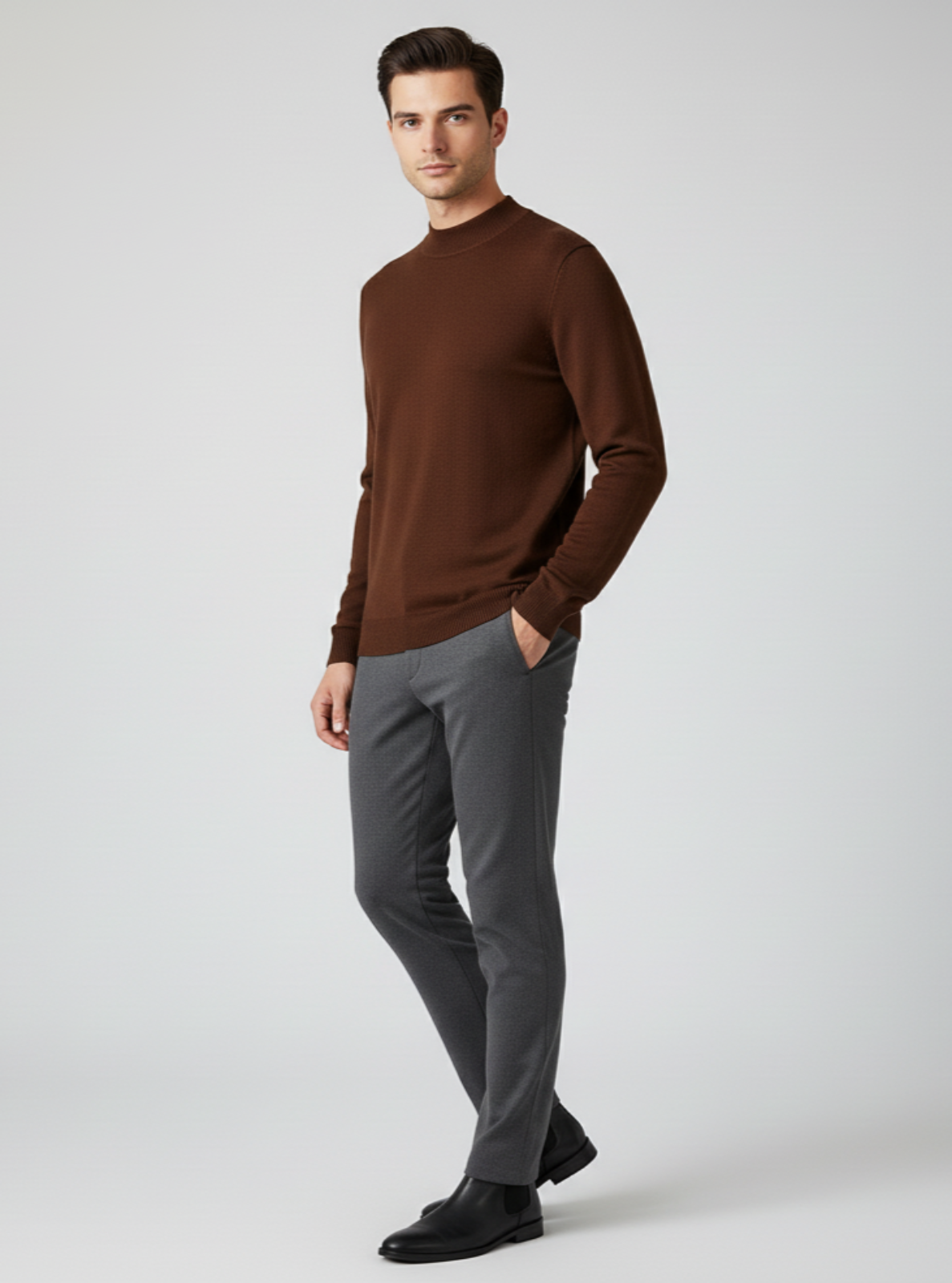 Man wearing a brown sweater and gray pants on a white background
