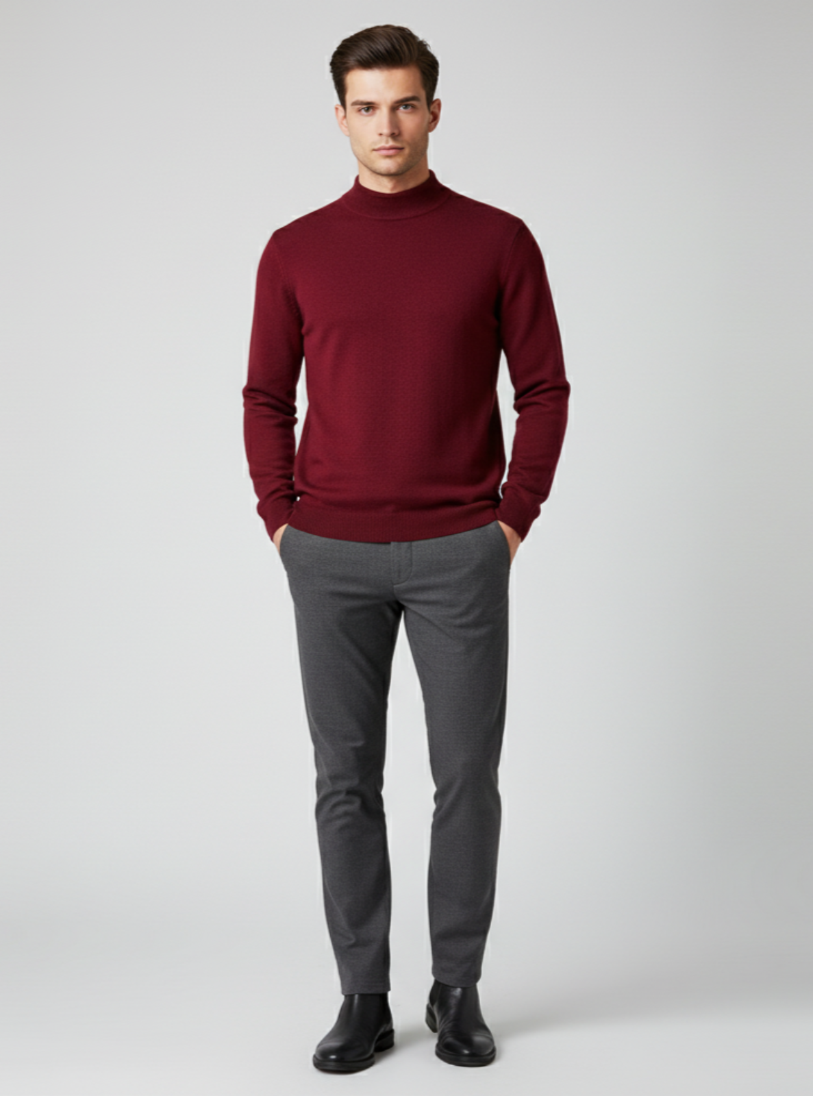 Man wearing a red turtleneck sweater and gray pants on a light gray background
