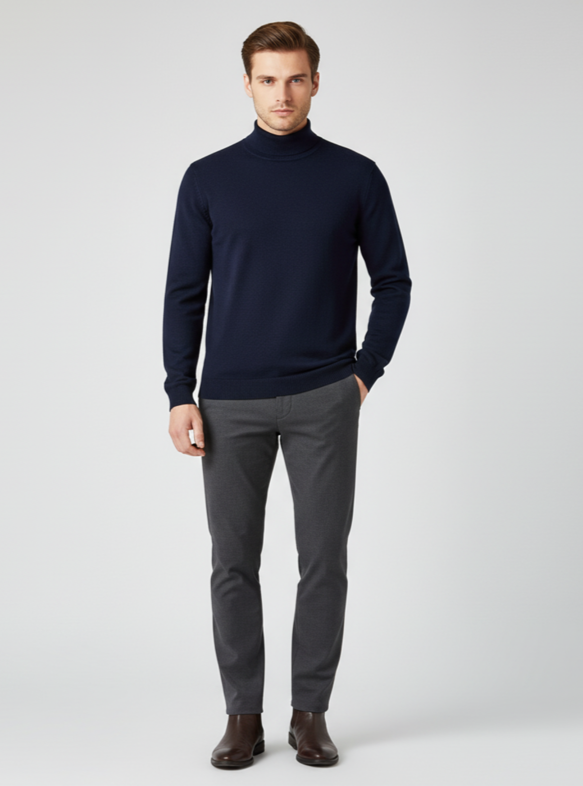 Man wearing a navy turtleneck sweater and gray pants on a light gray background