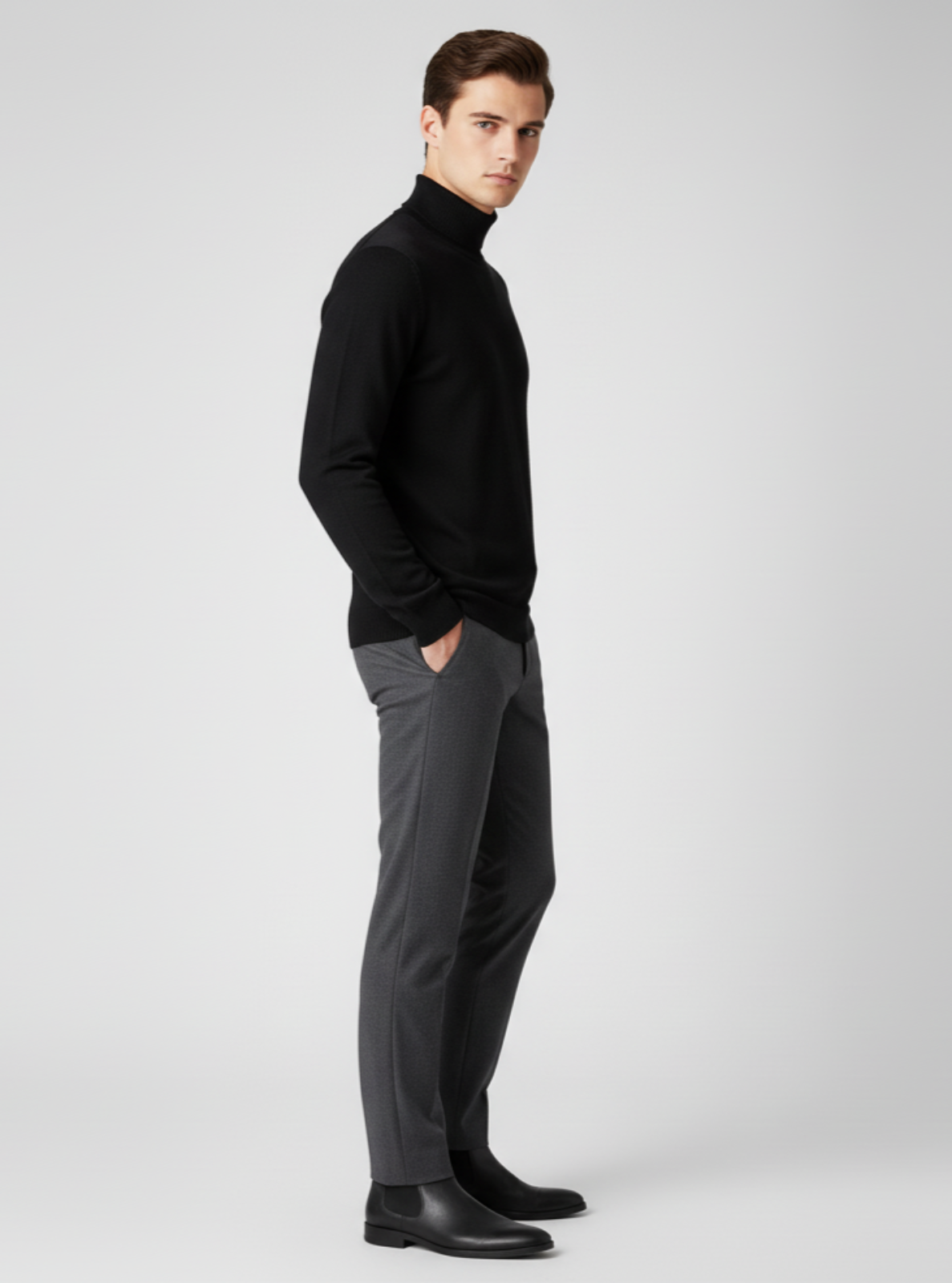 Man wearing a black turtleneck and gray pants on a white background