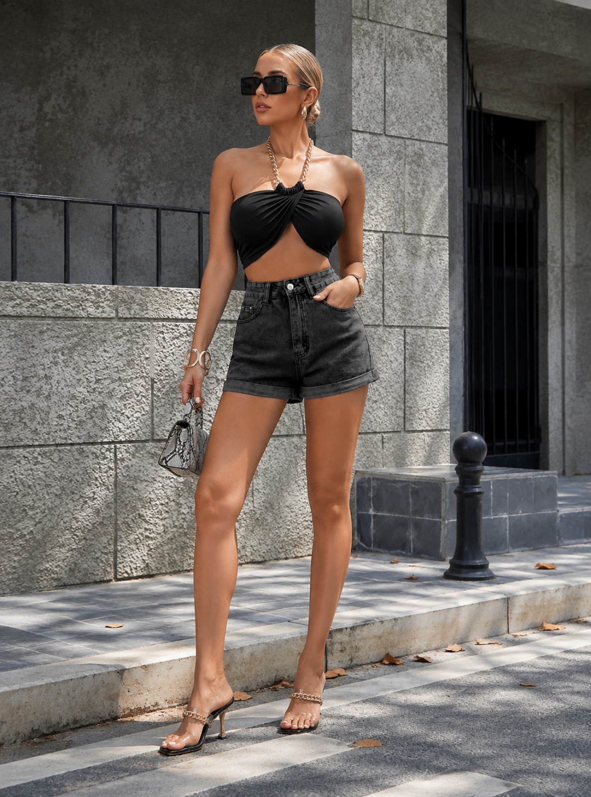 A woman models a black strapless bandeau crop top and high-waisted black denim shorts in an outdoor urban setting with a gray stone wall background.