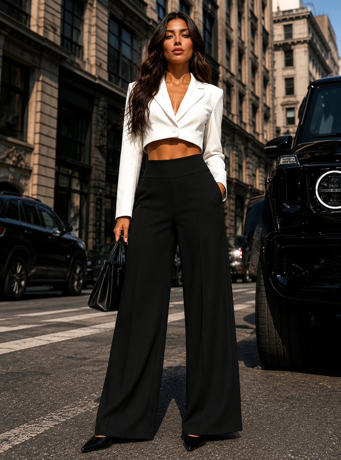 A woman stands on a city street wearing a white cropped blazer and black wide-leg trousers, with black heels and a black handbag. Tall buildings and parked black cars are visible in the background.