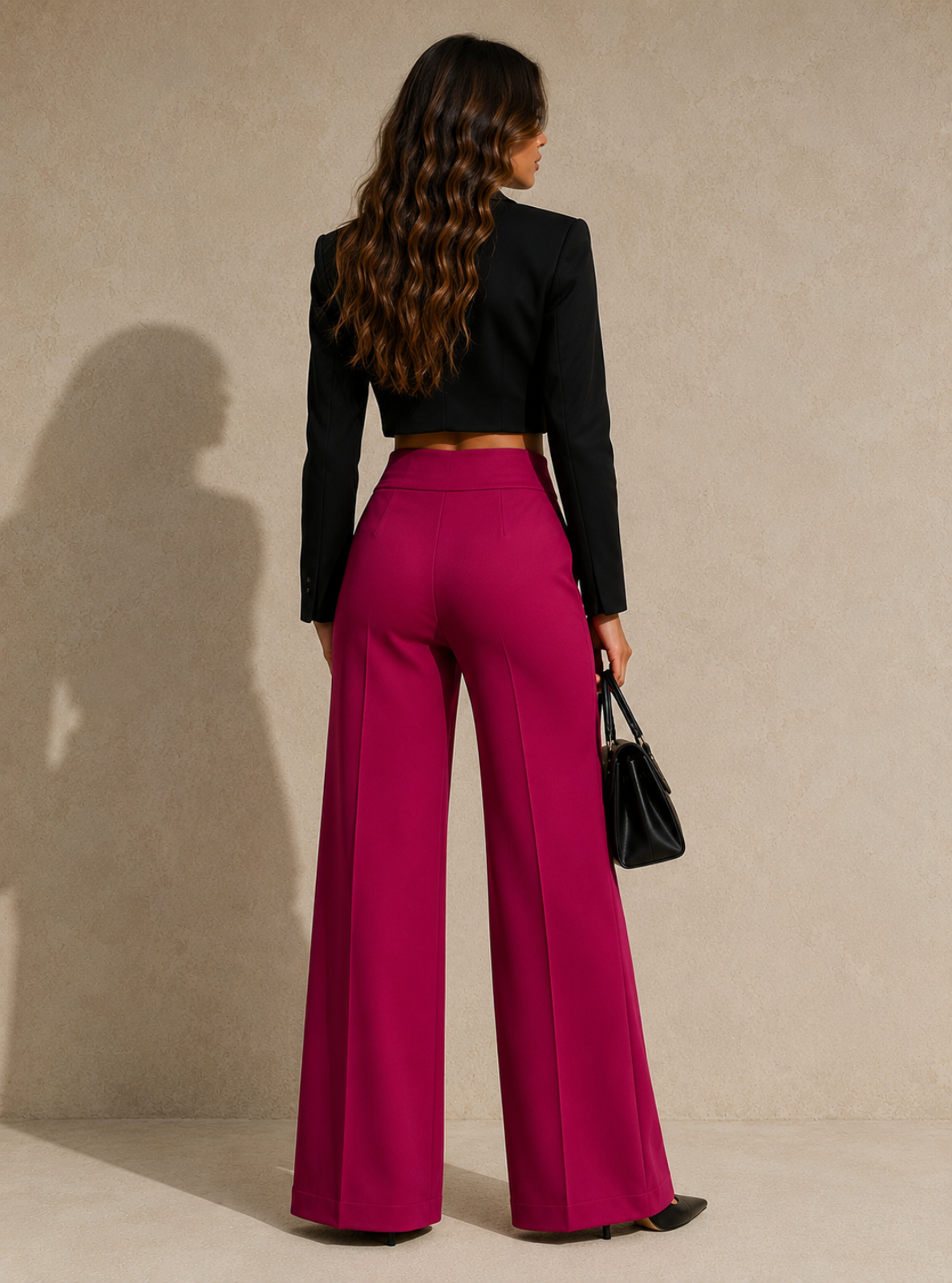 A woman shown from the back wearing bright fuchsia wide-leg trousers and a black cropped long-sleeve top, holding a small black handbag against a textured beige wall.