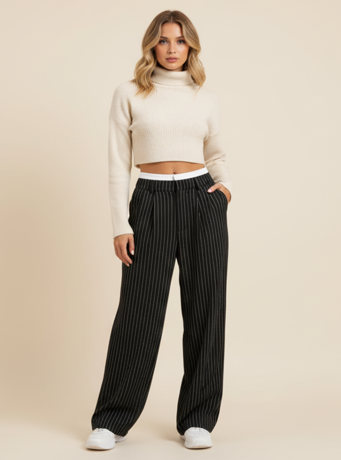 Woman wearing a white cropped sweater and black pinstripe pants on a beige background