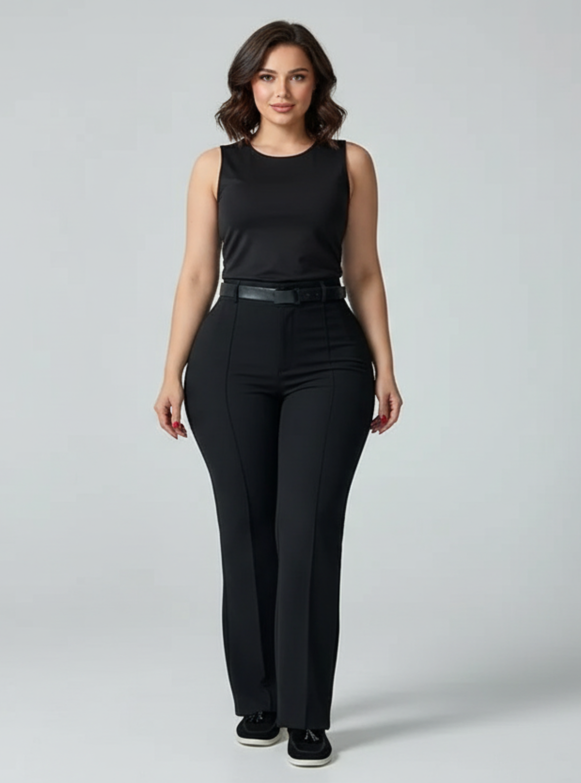 Woman wearing a black sleeveless top and black pants on a gray background