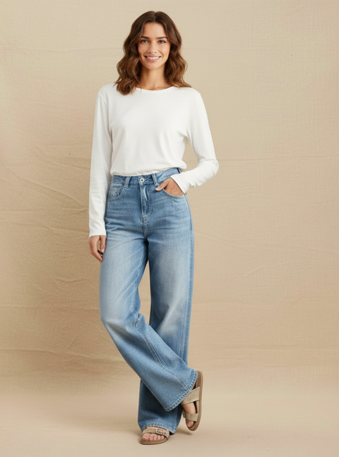 Woman wearing a white long-sleeve top and blue jeans on a beige background