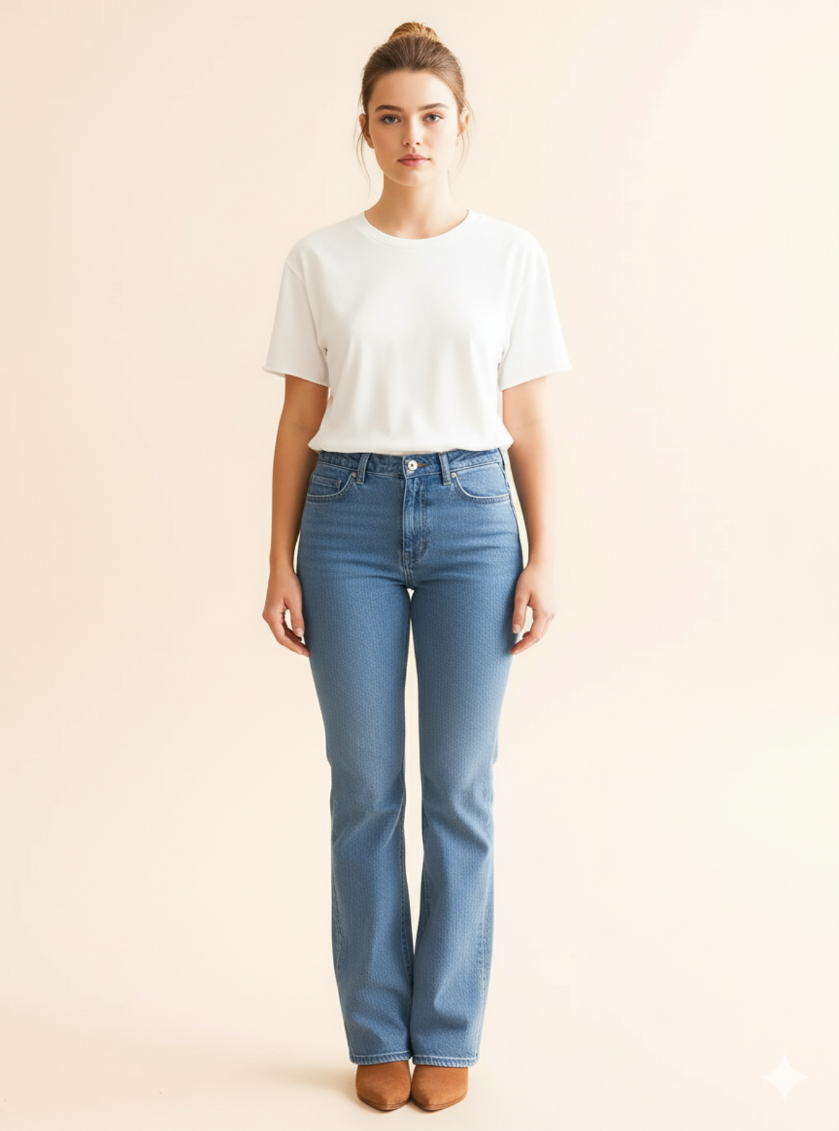 Woman wearing a white t-shirt and light blue jeans on a beige background