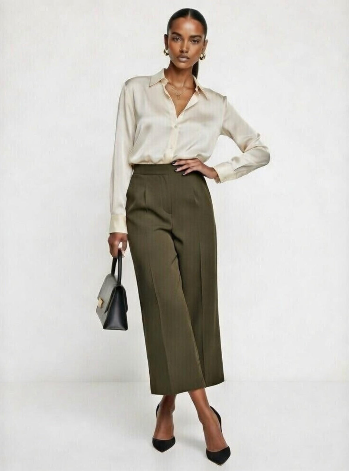 Woman wearing a white blouse and olive green pants holding a black handbag on a white background