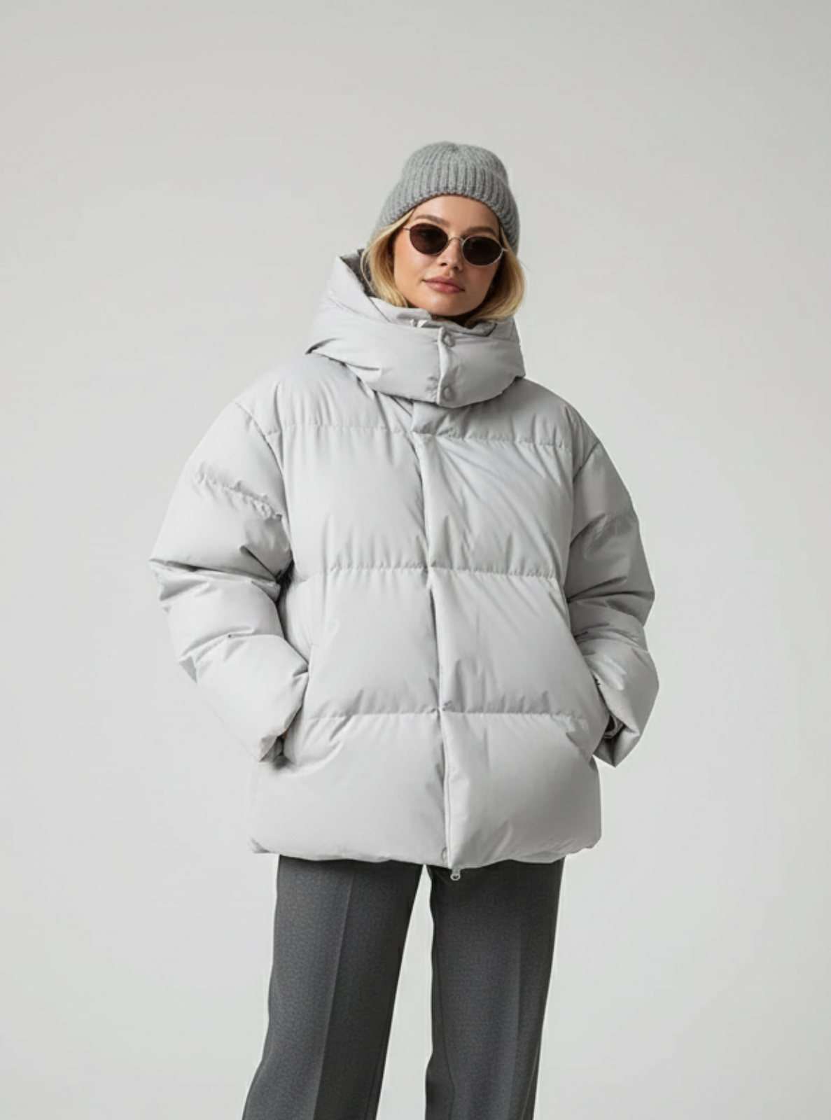 Person wearing a light gray puffer jacket and dark gray pants on a white background