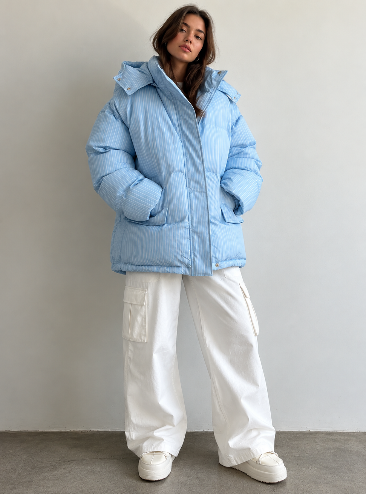A woman wearing a light blue puffer jacket with a textured, quilted horizontal stripe pattern, paired with white cargo pants and white sneakers, standing against a plain light gray wall.