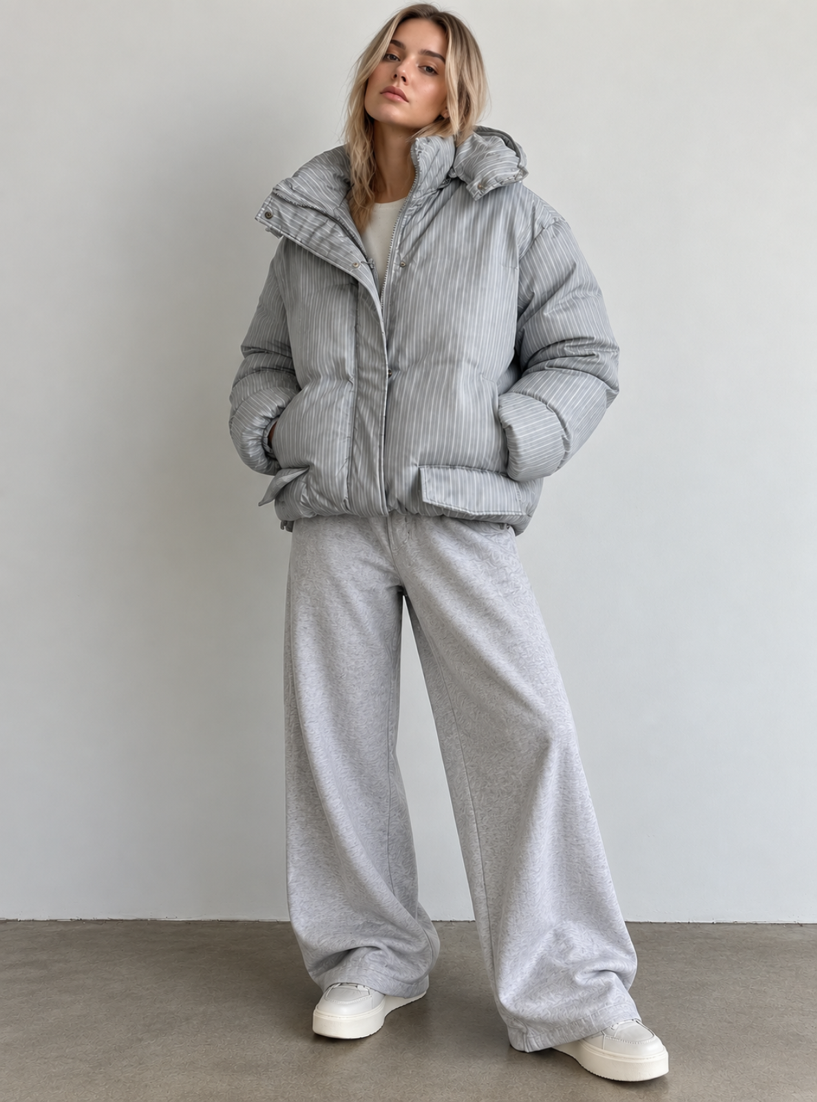 A woman modeling a light gray ribbed puffer jacket and matching wide-leg sweatpants against a plain light gray wall and concrete floor.