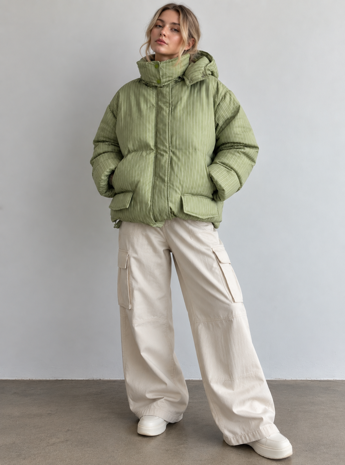 A woman modeling a light sage green quilted puffer jacket with a high collar and front pockets, paired with cream cargo pants and white sneakers, standing against a neutral gray wall.