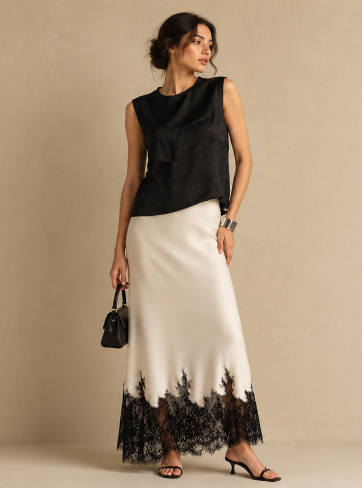 A woman models a sleeveless black top and a long white skirt with a black lace hem, standing against a plain beige studio backdrop.