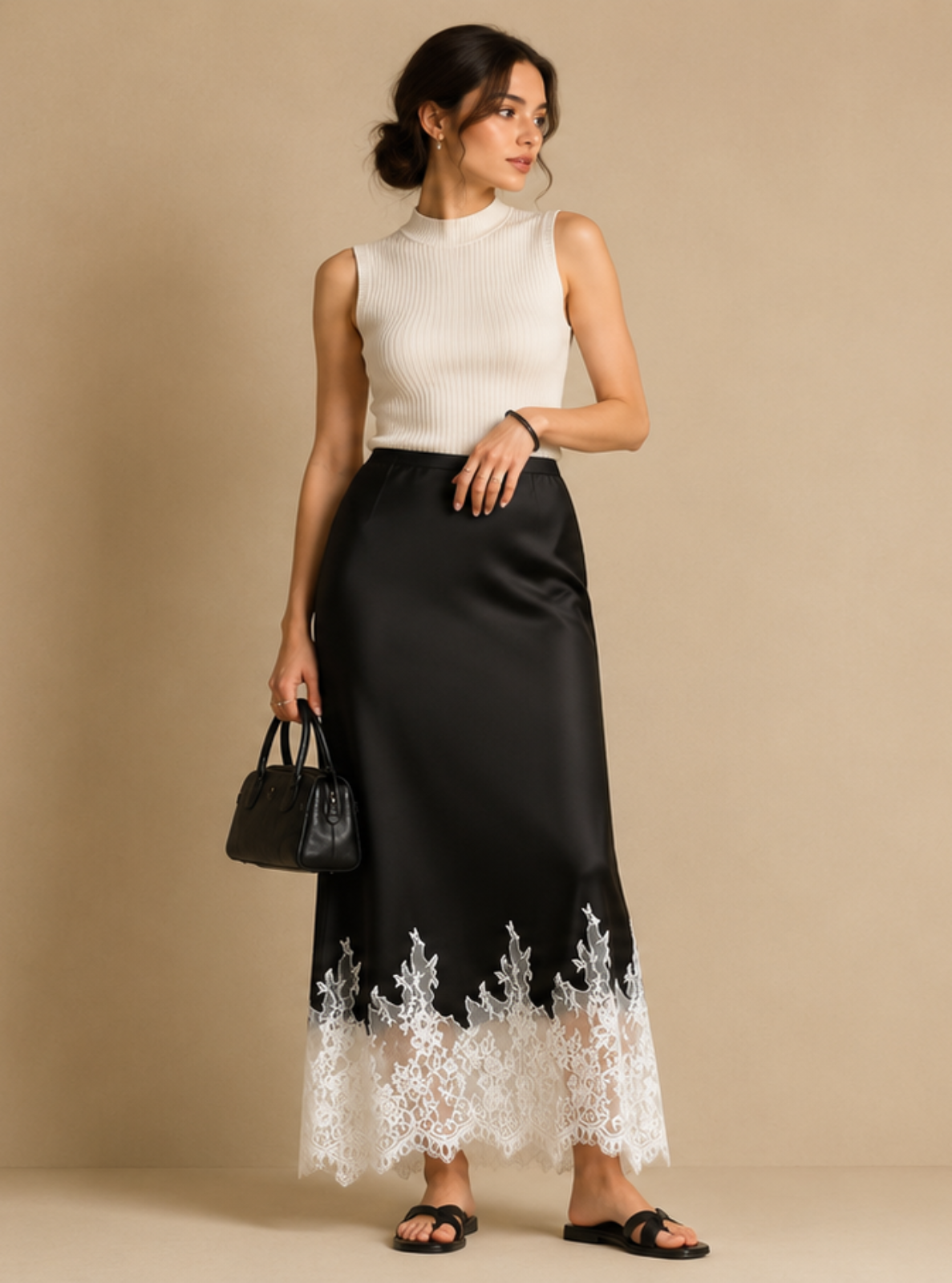 A woman stands against a plain beige studio backdrop wearing a sleeveless white mock-neck top and a long black skirt with white floral lace trim at the hem. She is holding a small black handbag and wearing black sandals.