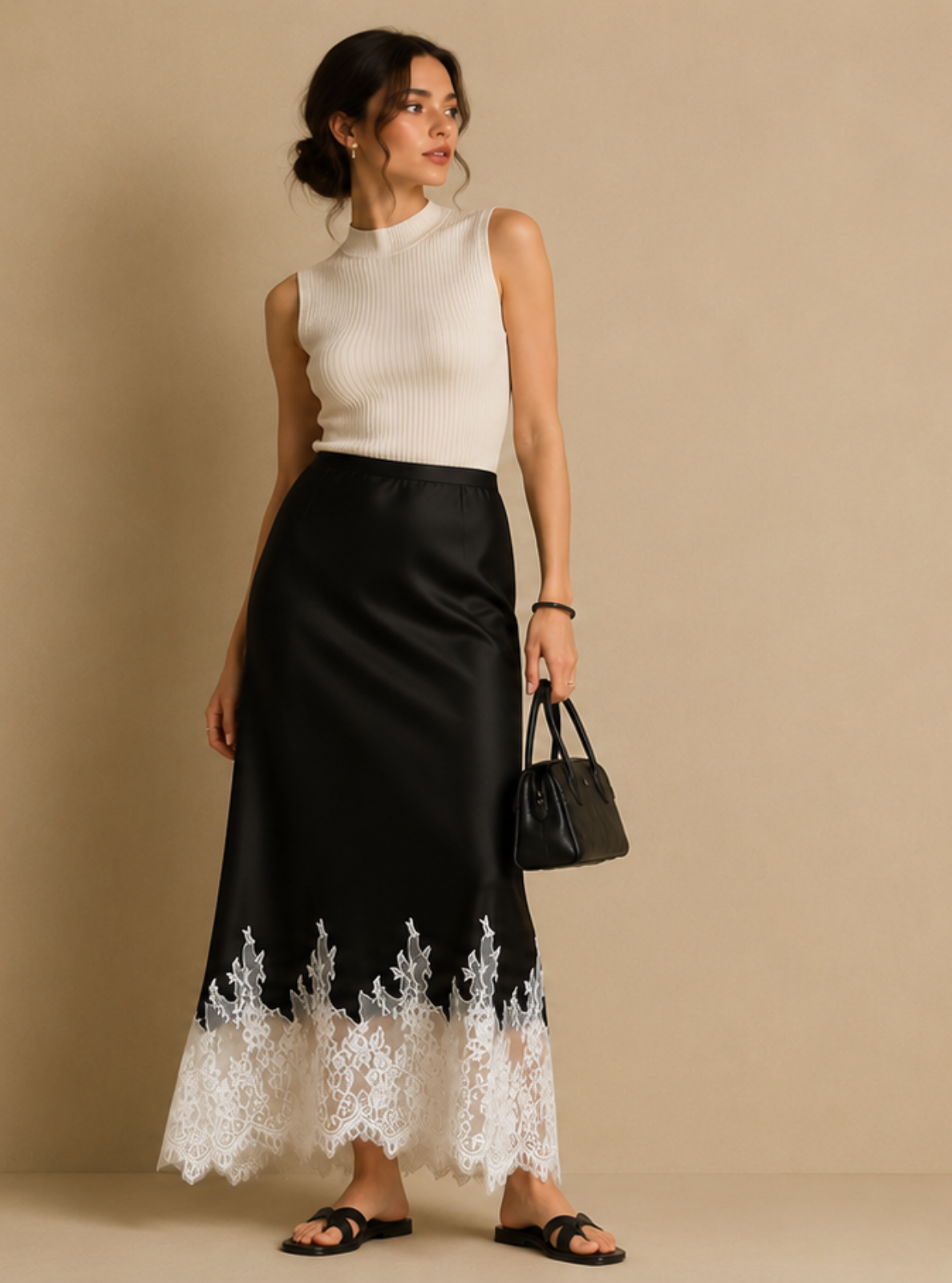 A woman models a sleeveless black midi skirt with white lace trim at the hem, paired with a white sleeveless top and black sandals, standing against a solid beige background.