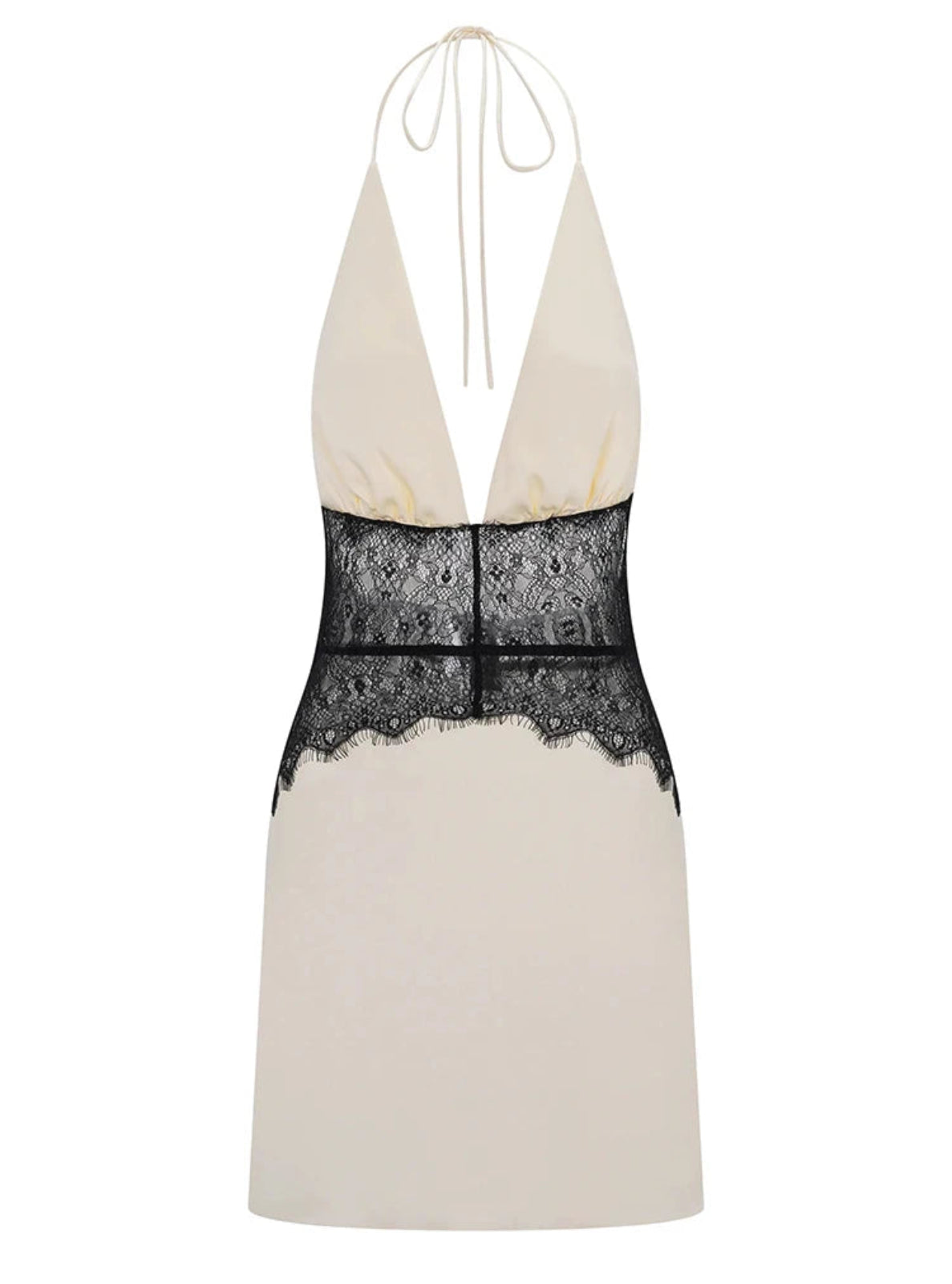 White nightgown with black lace details on a white background