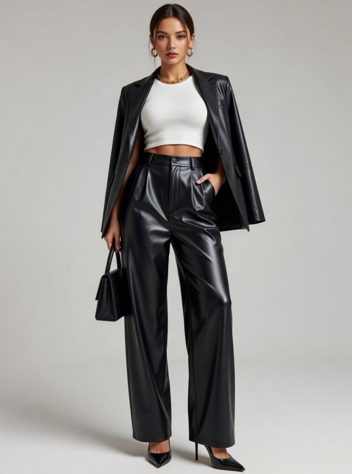 Woman wearing a black leather outfit with a white top against a gray background