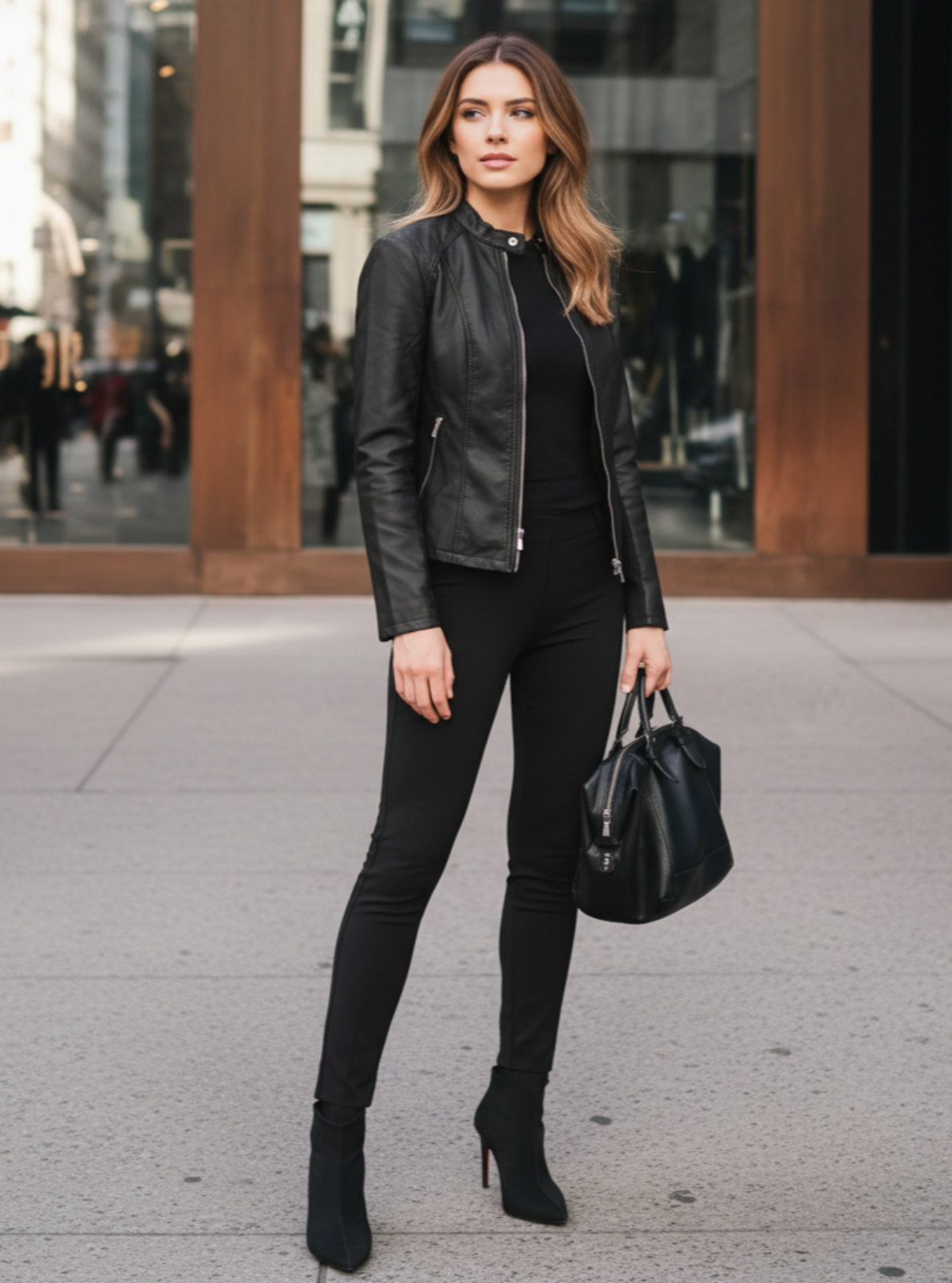 Woman in black leather jacket and pants holding a black handbag on a city street.