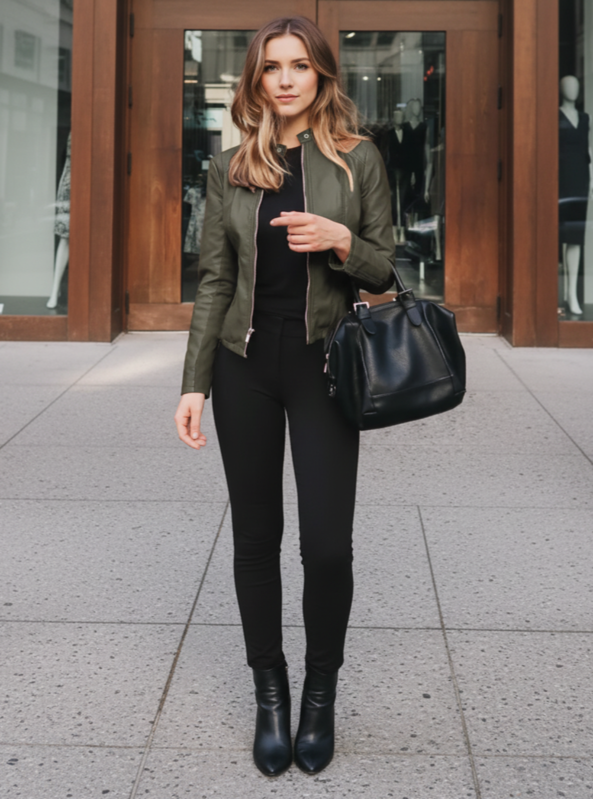 Woman in green jacket and black outfit holding a black bag on a city street.
