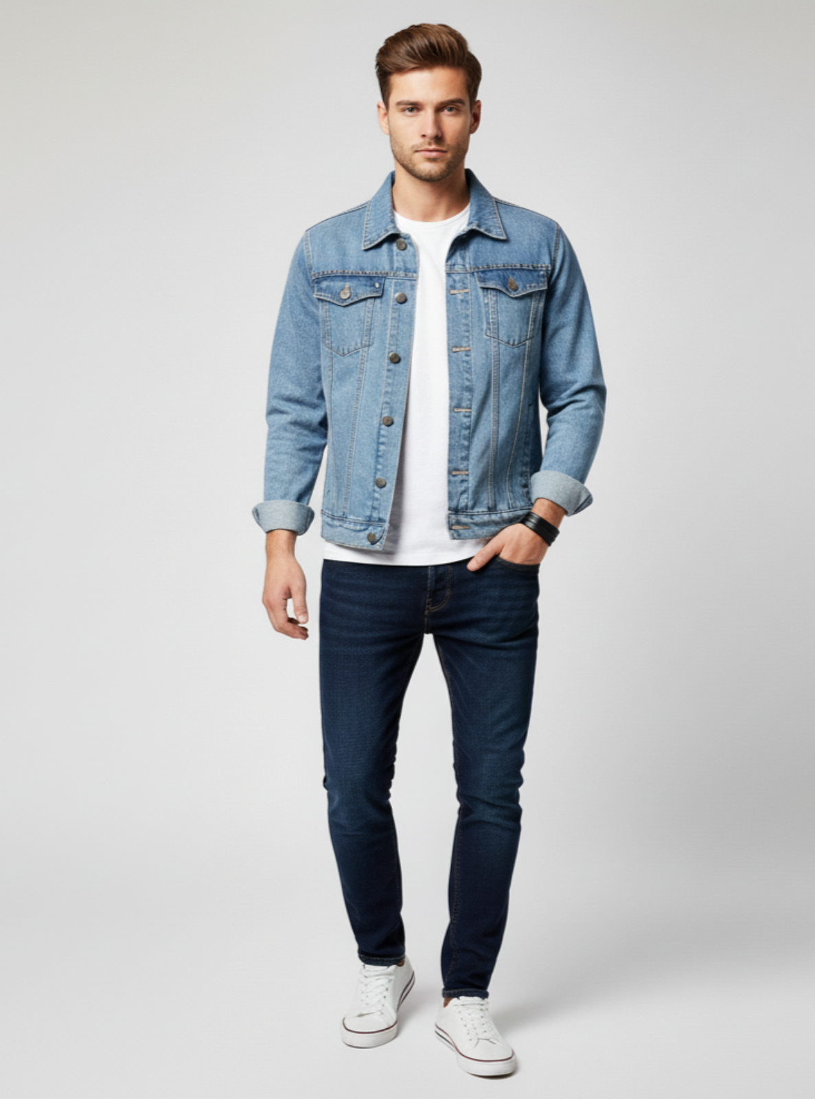 Man wearing a denim jacket, white shirt, dark jeans, and white sneakers on a light gray background
