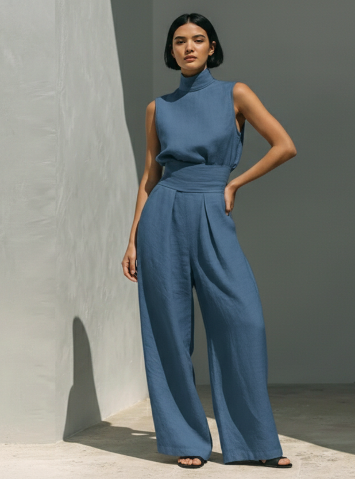 Woman wearing a blue jumpsuit standing against a plain wall.