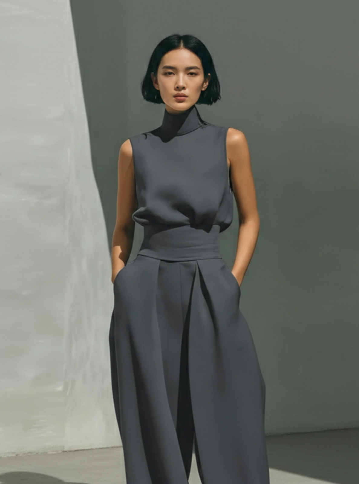 Woman wearing a gray outfit standing against a plain wall.