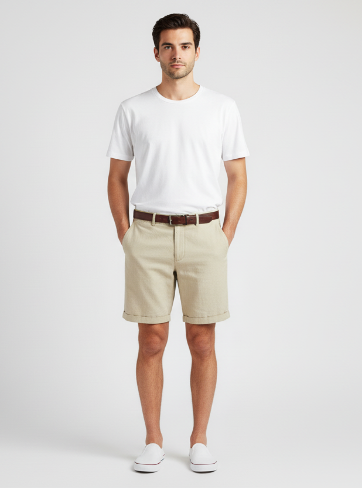 Man wearing a white t-shirt and beige shorts on a plain background