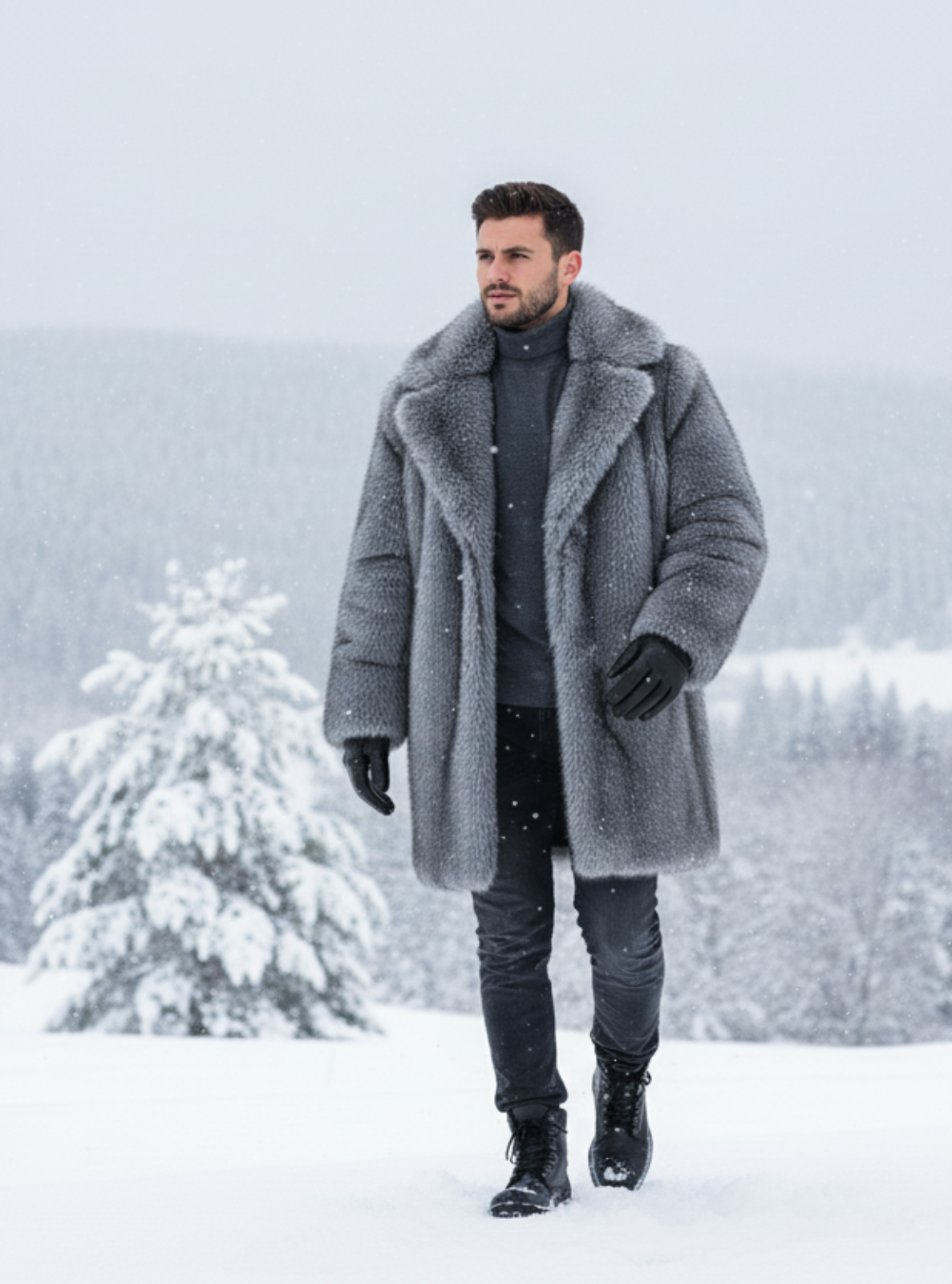 Man wearing a gray coat standing in a snowy landscape with trees.