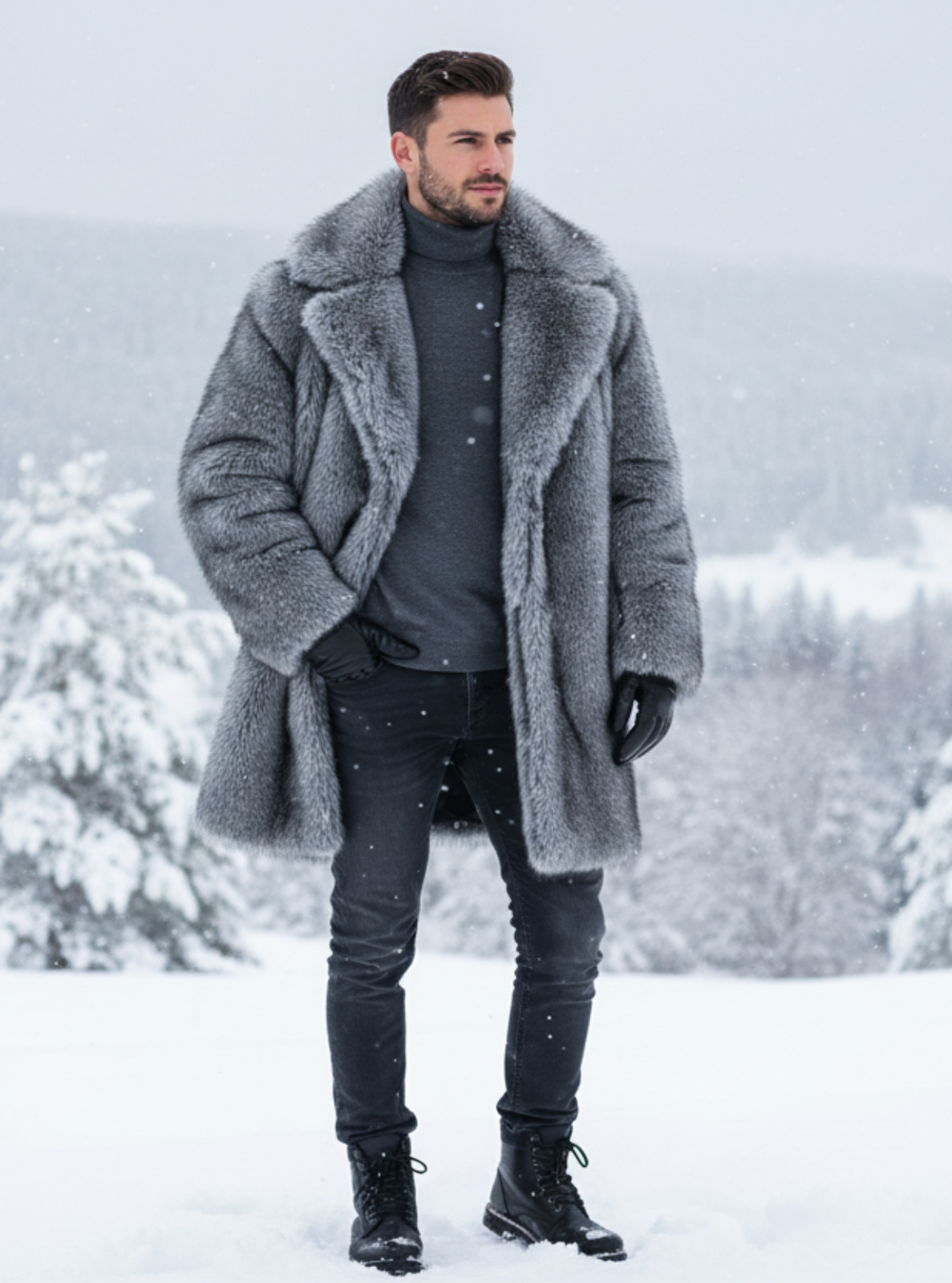 Man wearing a gray coat standing in a snowy landscape with trees.