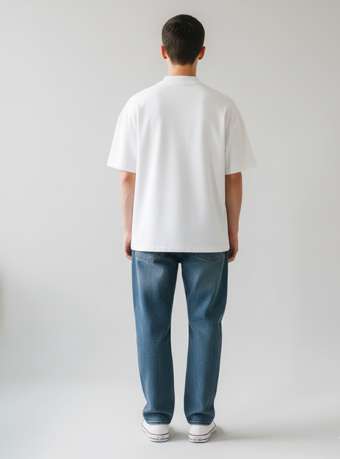Person wearing a white t-shirt and blue jeans standing against a plain background