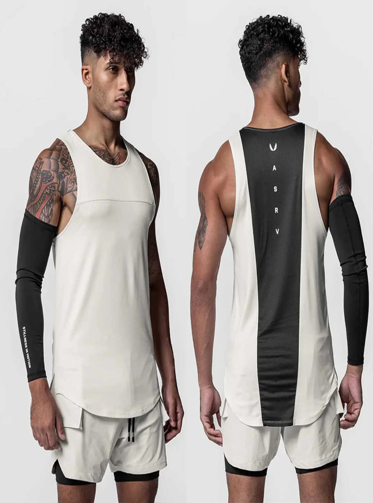 Man wearing a white tank top and shorts with black arm sleeves, showing front and back views.