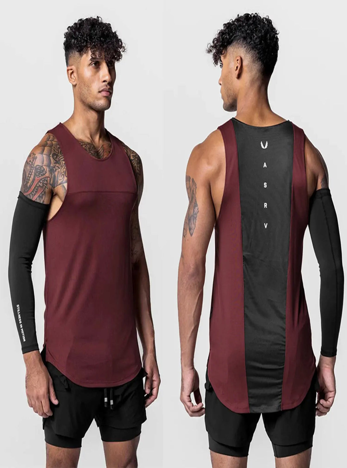 Man wearing a maroon athletic tank top with black sleeves and sides, showing front and back views.