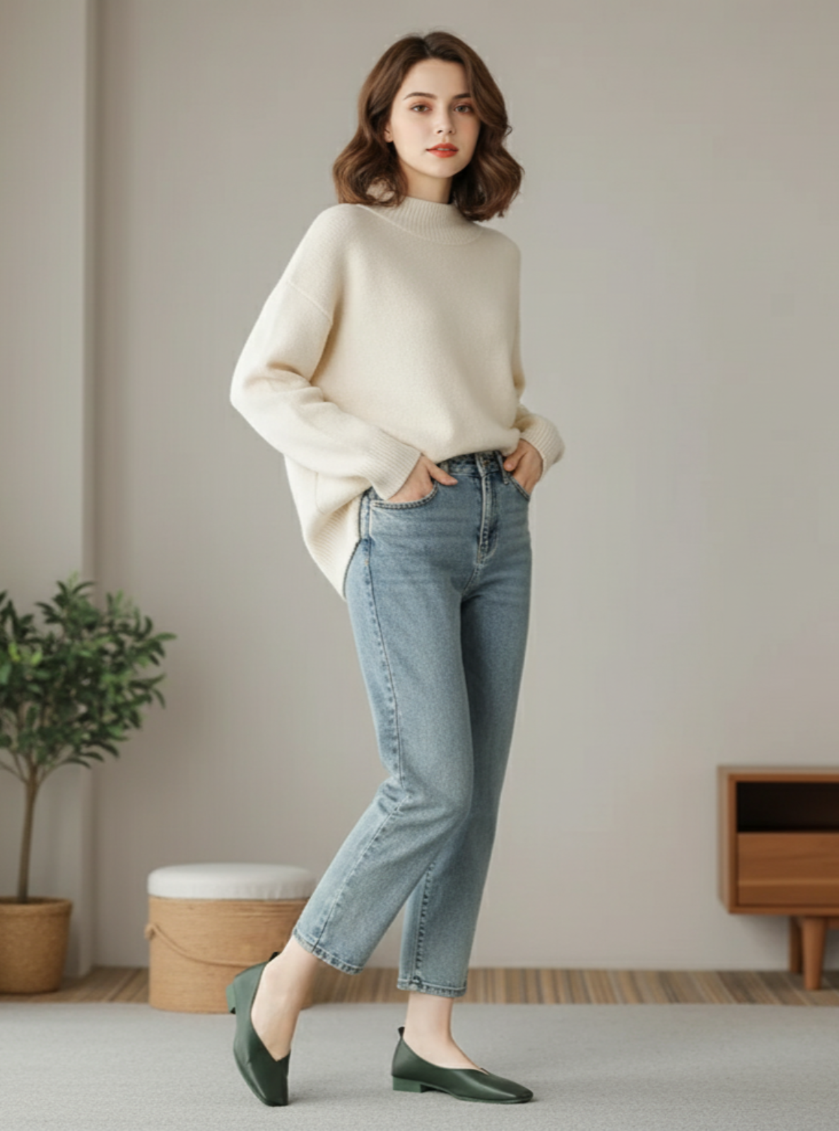Woman wearing a cream sweater and light blue jeans in a room with a plant and wooden cabinet.
