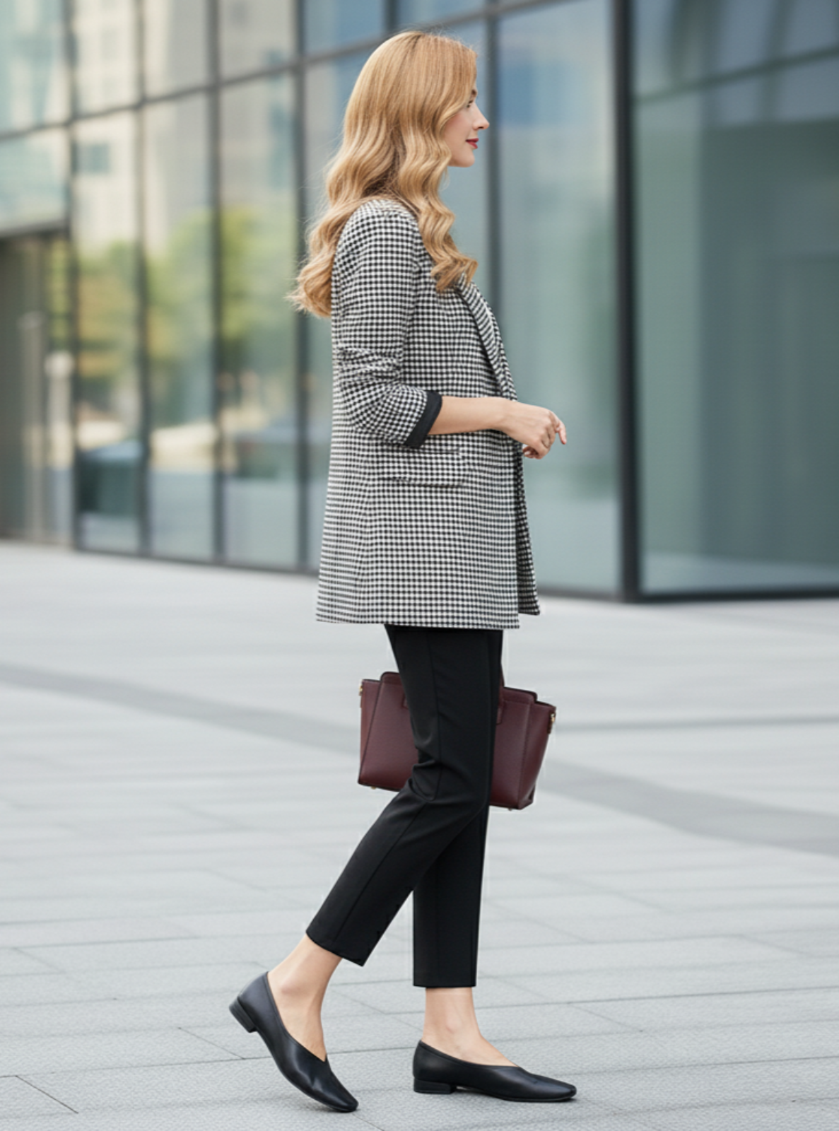Woman walking outdoors wearing a checkered coat and black pants, holding a maroon handbag.