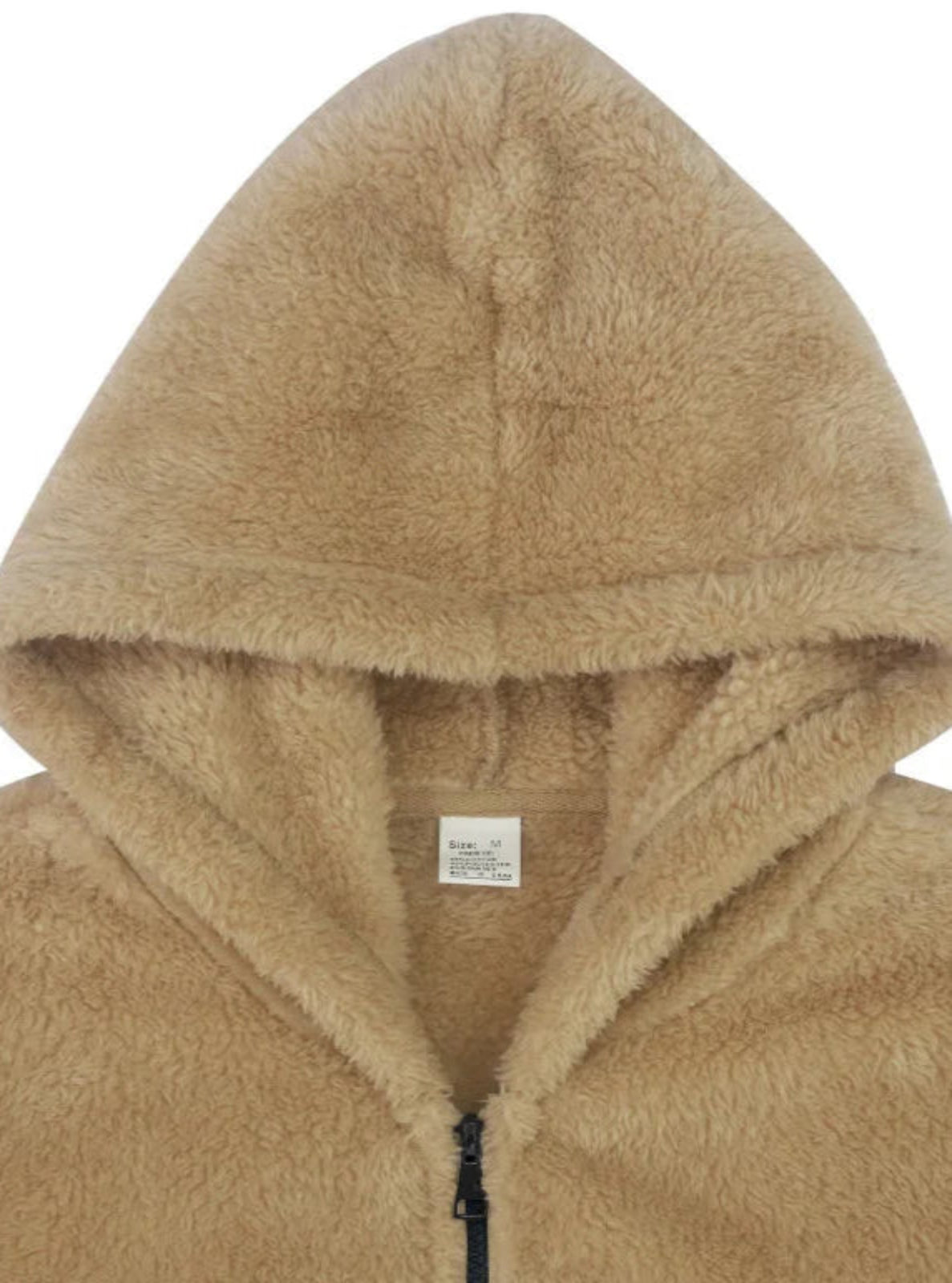 Beige fleece hoodie with a visible brand label on a white background