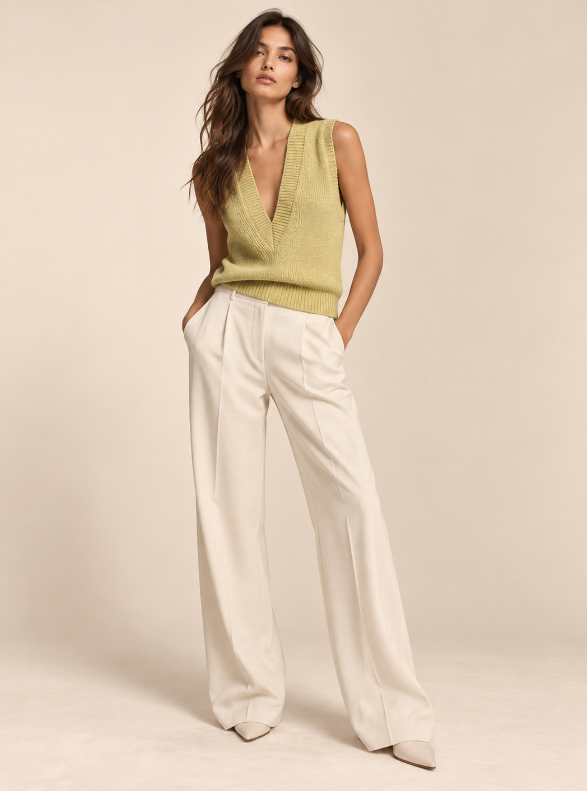 A woman modeling a sleeveless light yellow-green knit vest with a deep V-neck, paired with high-waisted off-white wide-leg trousers, against a warm beige studio background.