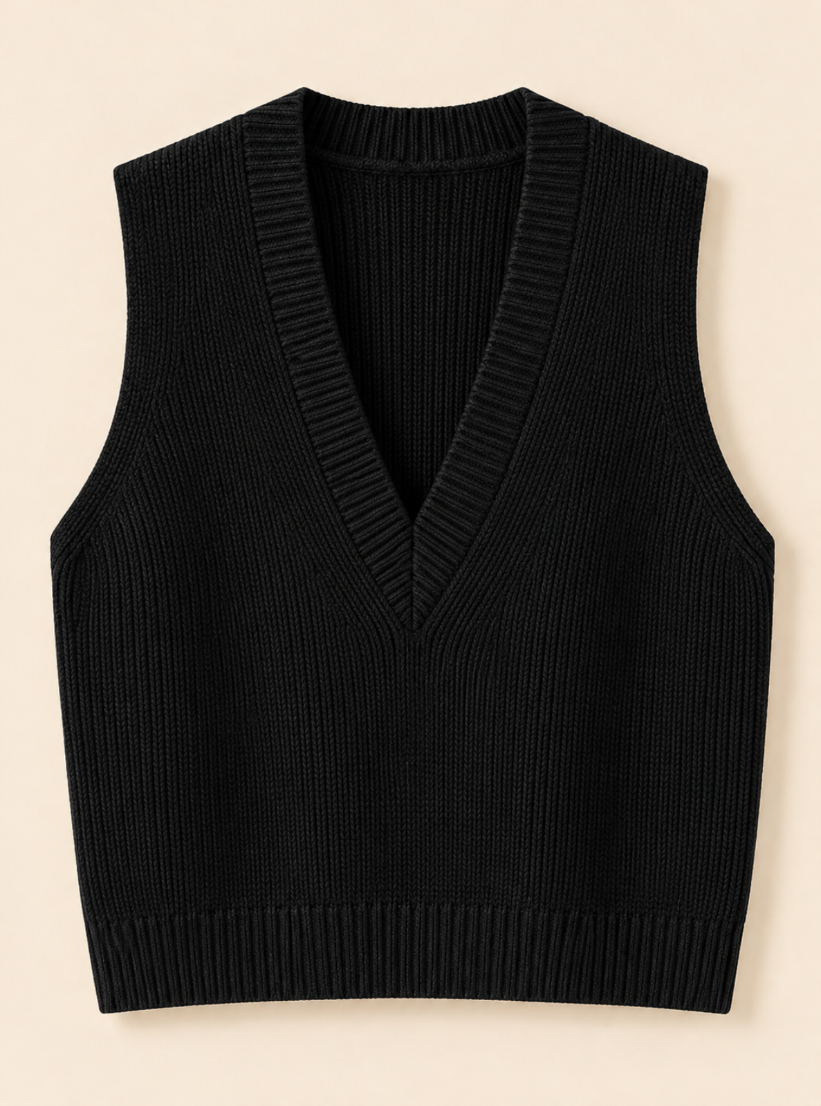 A black ribbed knit sweater vest with a V-neckline, shown flat against a light beige background.