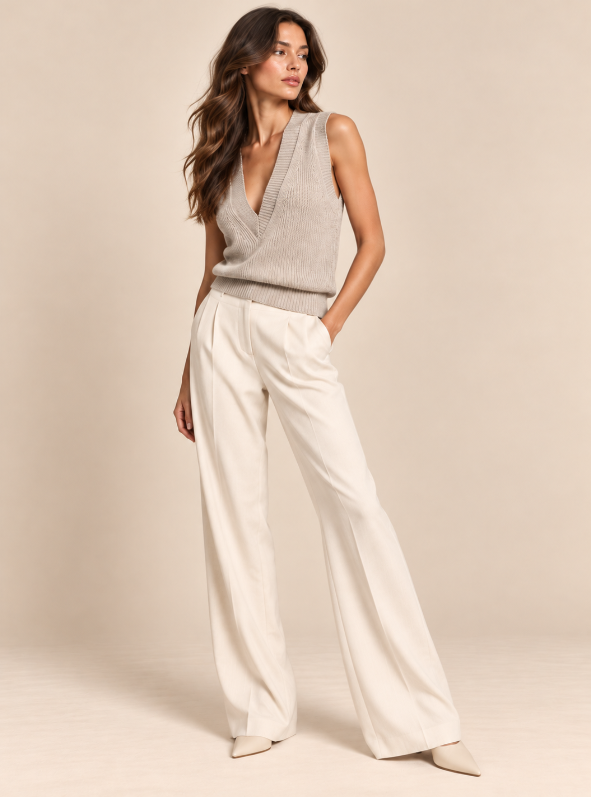 A woman modeling a light gray sleeveless wrap-style knit top and off-white wide-leg trousers against a warm beige studio background.