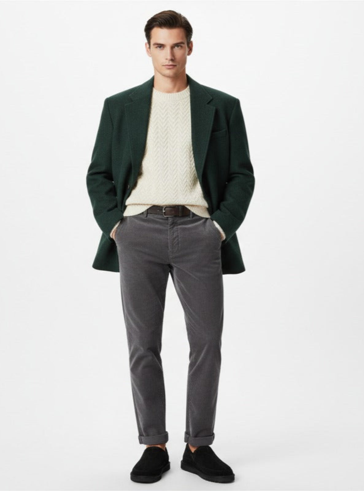 Man wearing a green coat, white shirt, and gray pants on a white background