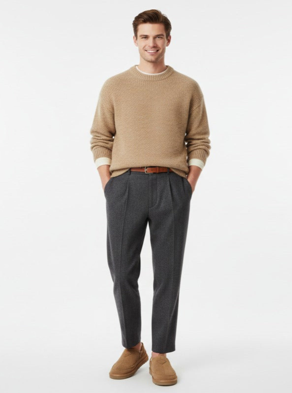Man wearing a beige sweater and dark pants on a white background