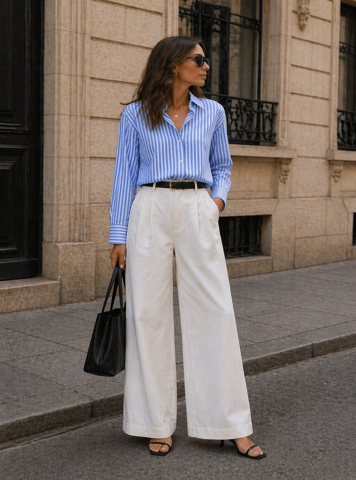 Woman wearing a blue striped shirt and white pants standing on a street.
