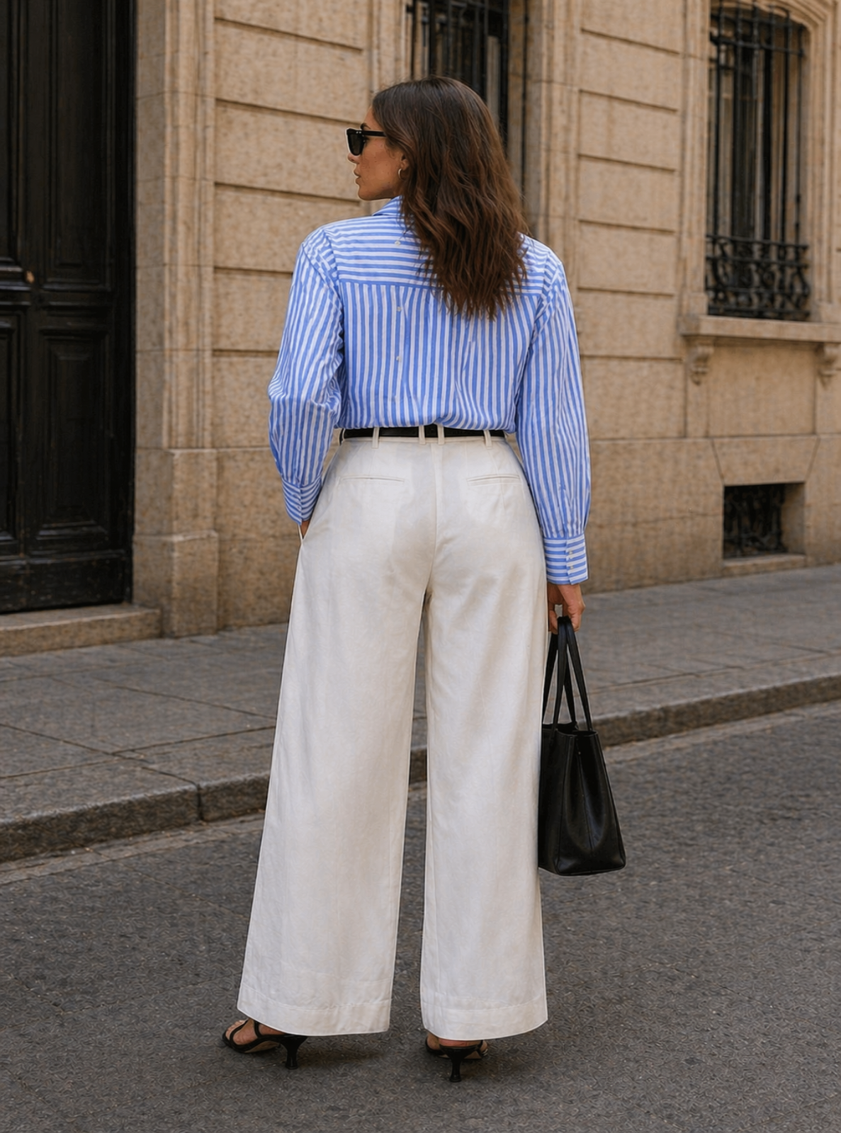 Woman in a blue striped shirt and white pants walking on a street.