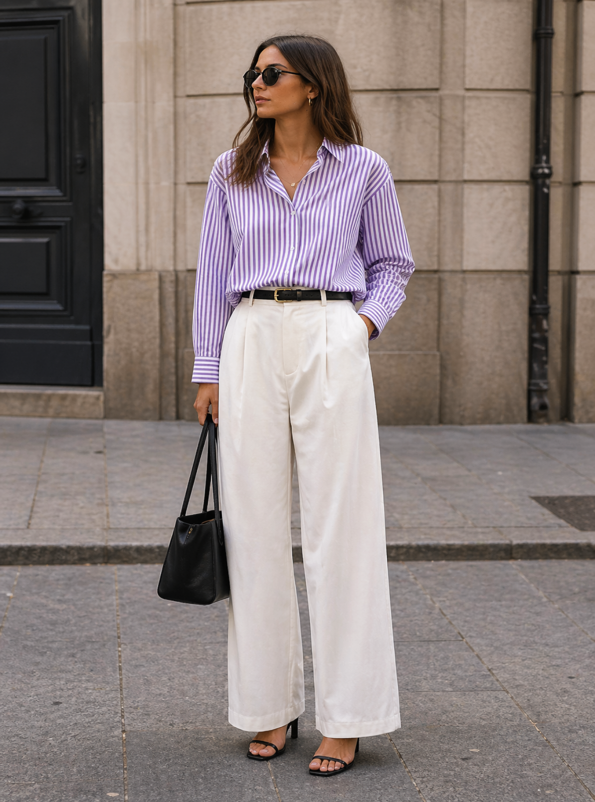 Woman wearing a purple striped shirt and white pants standing on a street.