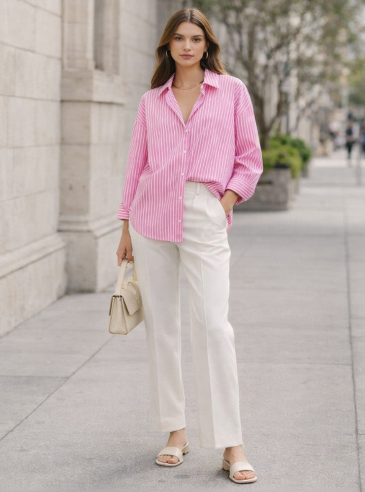 Woman wearing a pink striped shirt and white pants walking on a sidewalk.