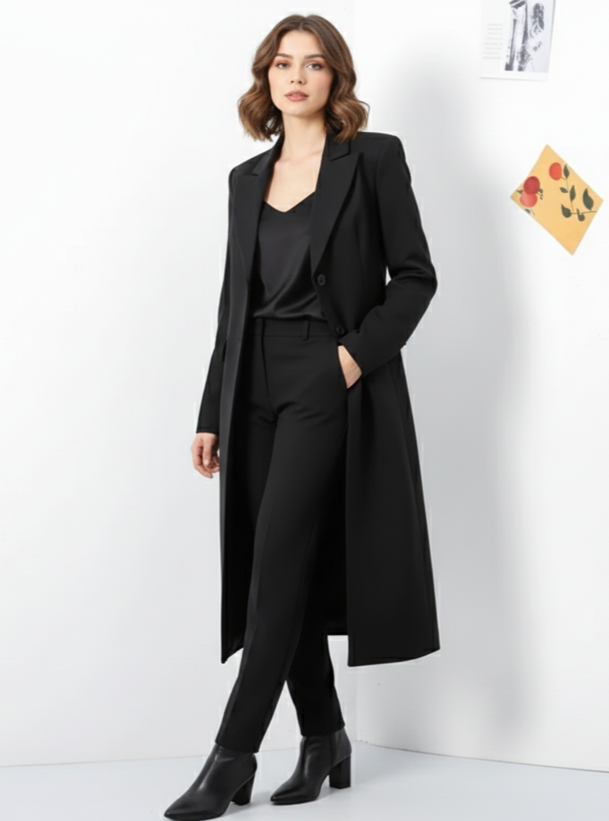 Woman wearing a black coat and pants set on a white background