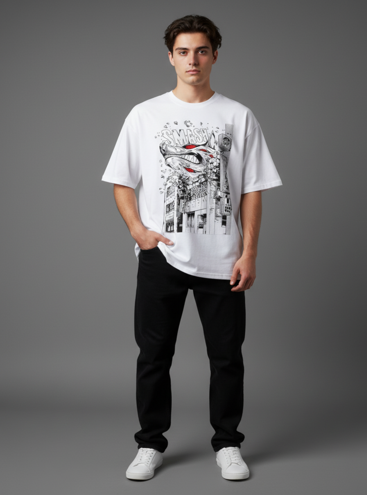 Man wearing a white t-shirt with a graphic design on a gray background