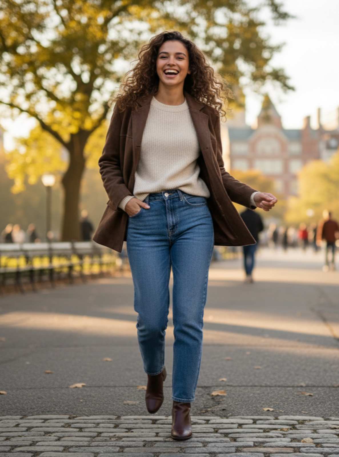 Woman walking in a park with trees and people in the background