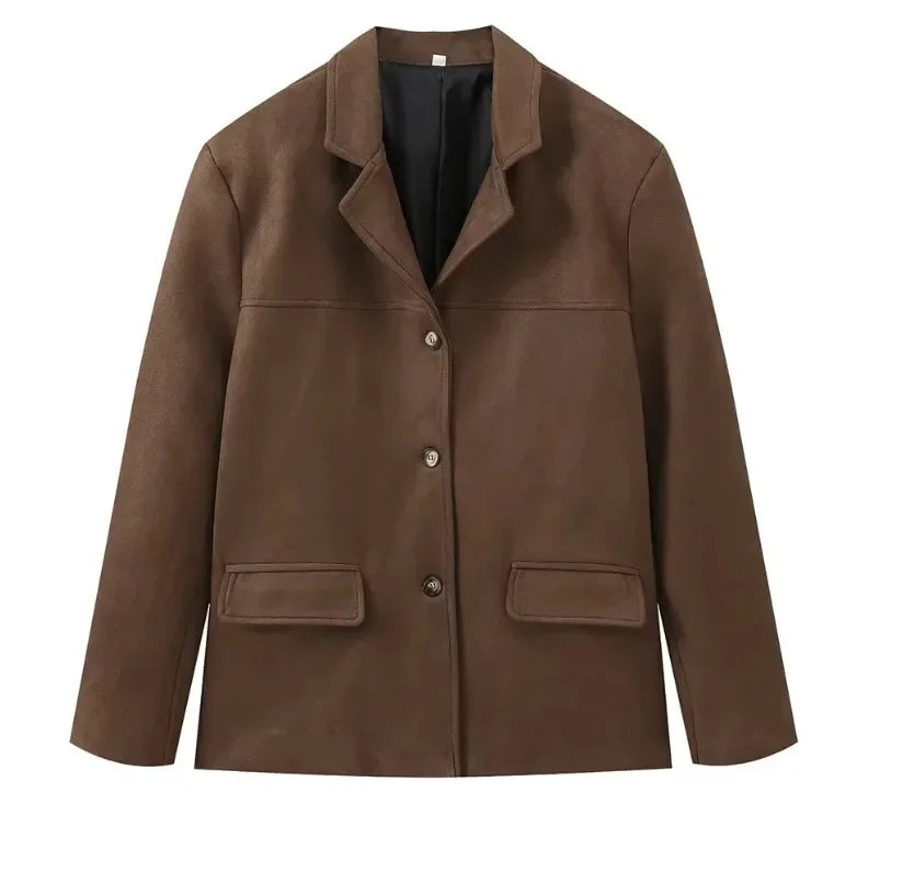 Brown jacket with button details on a white background